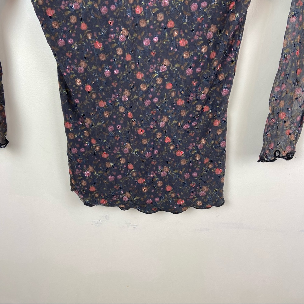 Therapy Micro Floral Sheer Sleeve Mesh Embroidered Eyelet Lettuce Hem Top Small - Picture 6 of 13